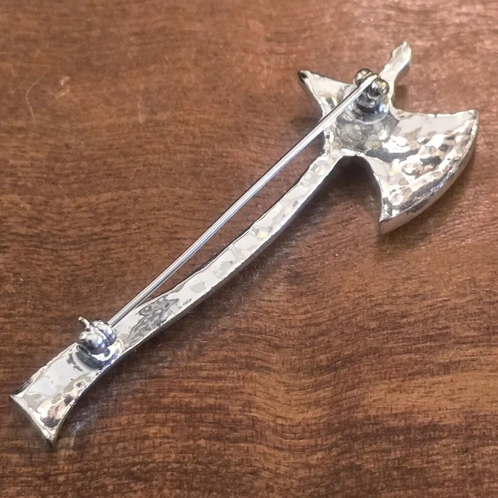 Tomahawk Brooch Vintage Silver-tone w/ Faux Turquoise Engraved Detailing 2.5
